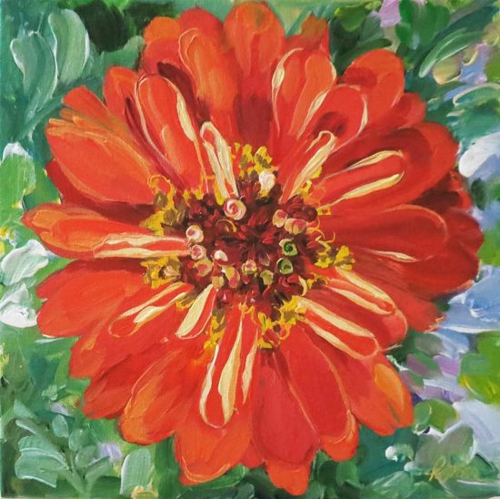 Red Zinnia 14" x 14" Painting by Susan Pepler